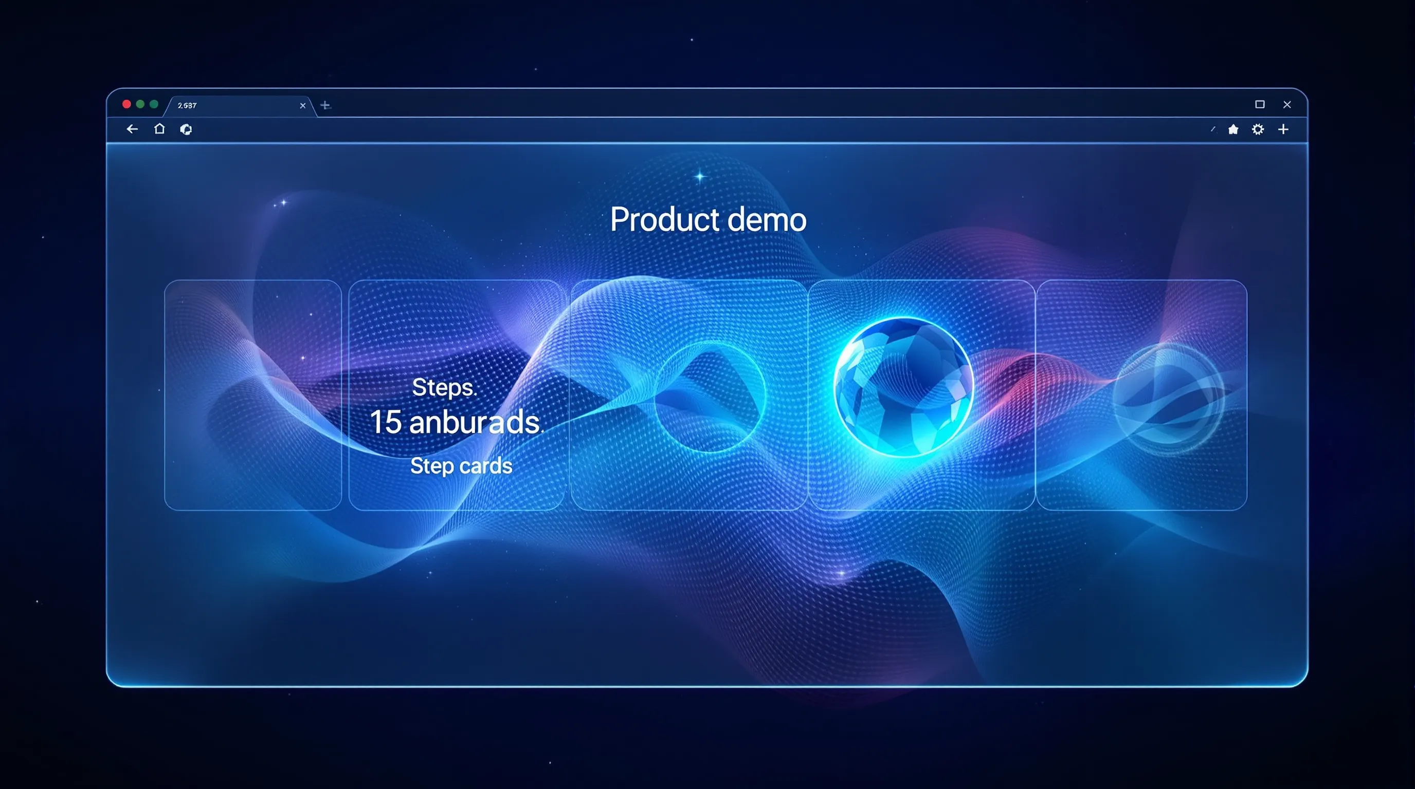 Stylized interactive product-demo interface showing a vertical stack of four numbered research step-cards on a deep indigo aurora-mesh background